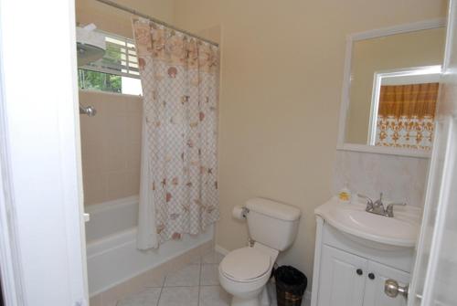 La salle de bains blanche est pourvue de toilettes et d'un lavabo. dans l'établissement Zamaca' Bed and Breakfast, à Micoud