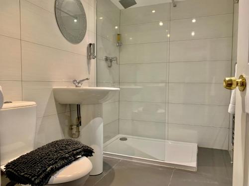 a bathroom with a sink and a toilet and a shower at Central City Garden Apartment in Cardiff