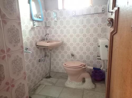 a bathroom with a toilet and a sink at Julay Guest House in Leh