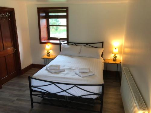 a bedroom with a bed with two lamps on two tables at Ochiltree cottage in Newton Stewart