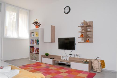 Una sala de estar con un televisor en una pared blanca. en FodorMenta Residence, en Eger