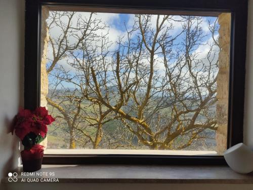 a window with a view of a tree at Romantico Chalet in pietra da mille e una notte in Petralia Soprana