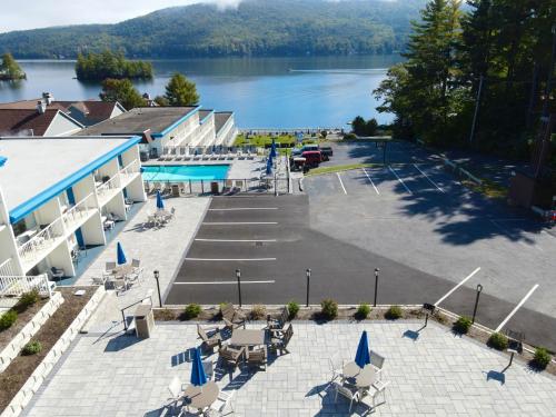 an aerial view of a resort with a lake at Lakefront Terrace Resort in Lake George