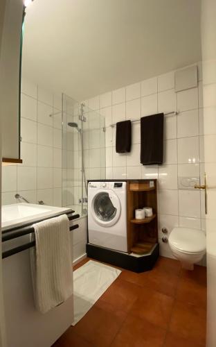 a bathroom with a washing machine and a toilet at Chesa Derby 32 in St. Moritz