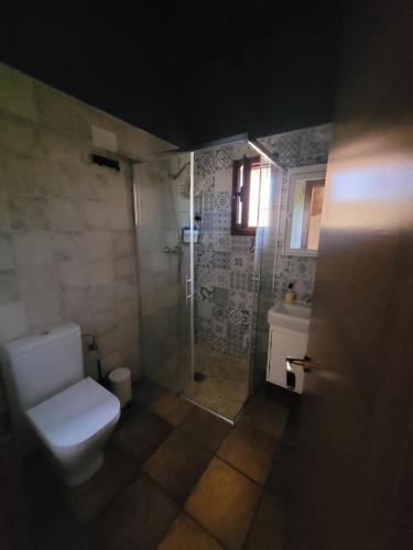 a bathroom with a toilet and a glass shower at Casa Rural Canchal Madroñeras *** in El Torno