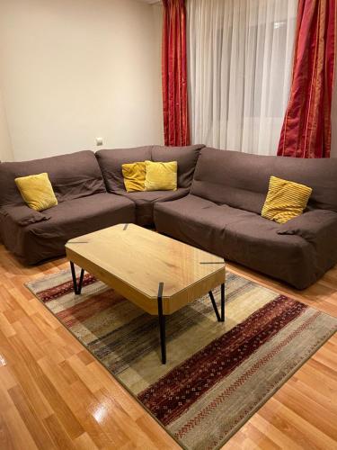 Vila Amira Predeal في بريدال: غرفة معيشة مع أريكة وطاولة قهوة