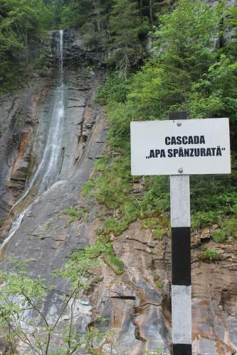a sign on a road with a waterfall in the background at Pensiunea Alpina in Malaia