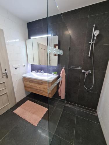 La salle de bains est pourvue d'un lavabo et d'une douche. dans l'établissement Apartmán Piri, à Mýto pod Ďumbierom
