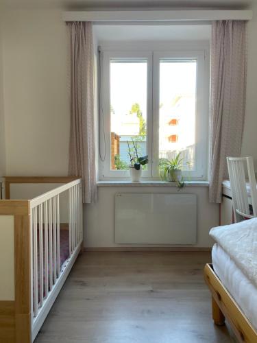 a bedroom with two windows and a crib in front of a window at Stadtwohnung Villach Lind in Villach