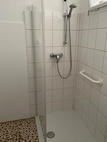 a bathroom with a shower with a glass door at Stadtwohnung Villach Lind in Villach