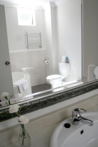a bathroom with a mirror and a sink and a toilet at The Estuary Hotel & Spa in Port Edward