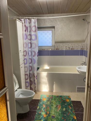 a bathroom with a toilet and a tub and a sink at Usadba Tikhiy Ugolok in Nyasvizh