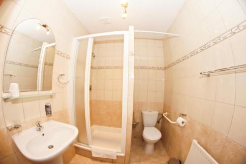 uma casa de banho com um WC, um chuveiro e um lavatório. em Hotel Nevada em Łagów