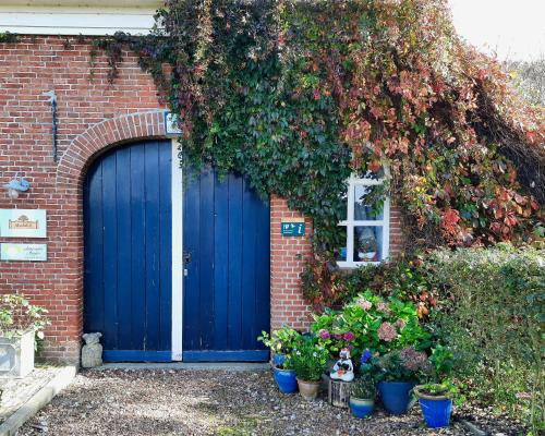 a blue garage door on a brick building with plants at Apartment Noorderloft in Hornhuizen