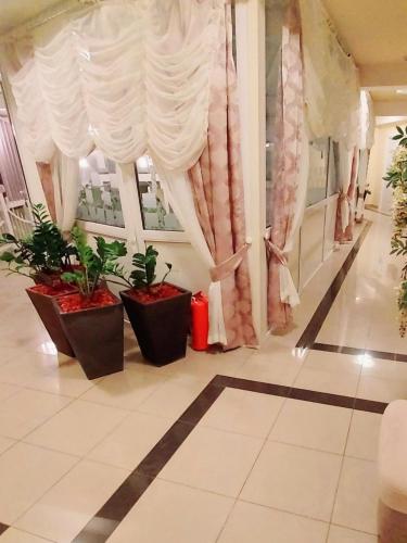 a room with a window with plants and curtains at Hotel Villa Valpovo in Valpovo