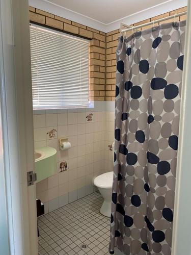a bathroom with a toilet and a shower curtain at Ocean View Villas in Geraldton