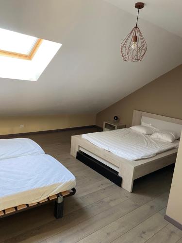 1 dormitorio con 2 camas y tragaluz en Appartement 14 couchages vallée du Grésivaudan, en La Buissière