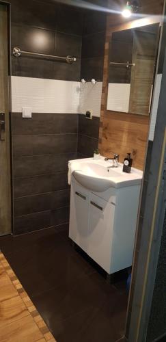 a bathroom with a white sink and a shower at Ostoja Karkonoska in Podgórzyn