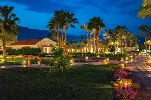 a resort with palm trees and lights at night at Nuweiba Club Resort in Nuweiba