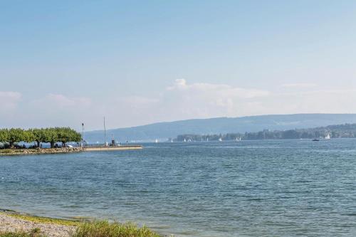 a view of a large body of water with a pier at Ferienwohnung Ingrid Heyes in Radolfzell am Bodensee