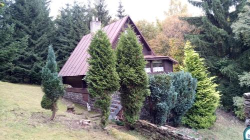 une maison avec un toit rouge et quelques arbres dans l'établissement Chalupa u Šlikovky, à Jáchymov