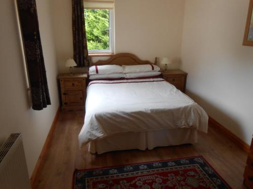 a bedroom with a bed and a window and a rug at Birchdale Cottage in Rathdrum