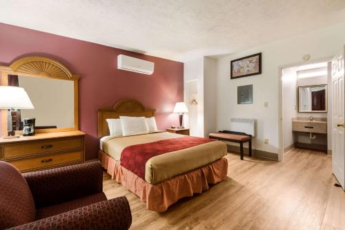 Habitación de hotel con cama y silla en Econo Lodge Inn & Suites Lake Harmony - Pocono Mountains Area, en White Haven