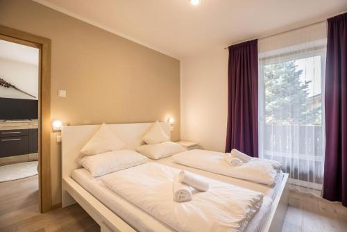 a bedroom with two beds and a large window at Apt Hofer Barbara in Villabassa