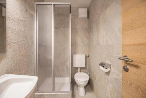 a bathroom with a shower and a toilet and a sink at Apt Hofer Elisabeth in Villabassa