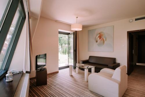 a living room with a couch and a tv at Szklane Domy in Zakopane