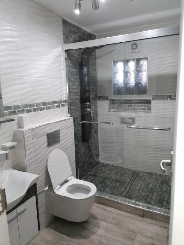a bathroom with a shower with a toilet and a sink at San Lameer Villa 2012 in Southbroom