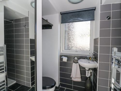 a bathroom with a sink and a toilet and a window at The Coorie Cove in Helensburgh