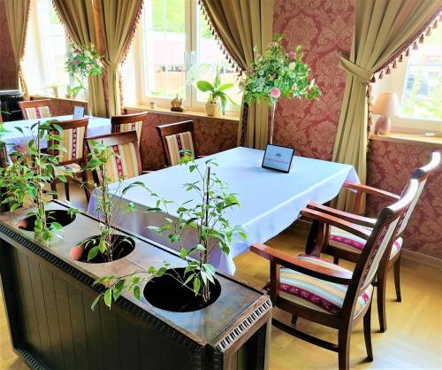 a dining room with a table with plants on it at Dwór Maria Antonina in Strzyżów