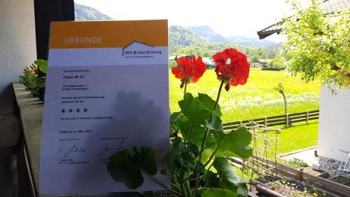 a sign with red flowers next to a window at Landhaus Hochgern in Unterwössen