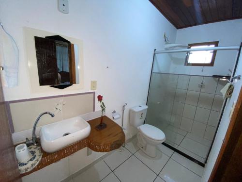 uma casa de banho com um WC, um lavatório e um chuveiro em Pousada Sítio Rústicu's em Domingos Martins