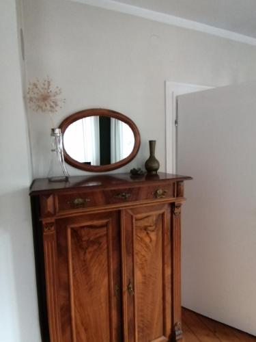 uno specchio sopra un mobile in legno in una stanza di FeWo Winzerhaus 1900 a Landau in der Pfalz