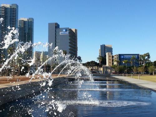 a fountain in the middle of a city with buildings at Wyndham San Diego Bayside in San Diego