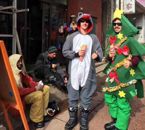 two people dressed up as a christmas tree at Hotel Senke in Myoko