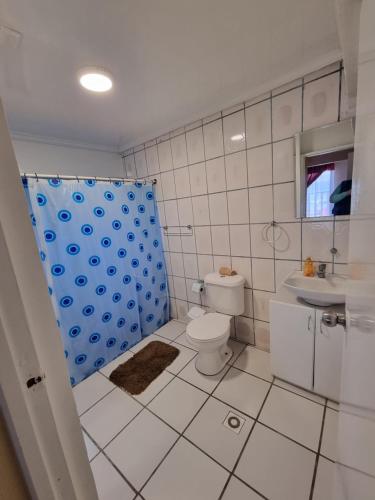 a bathroom with a toilet and a sink at Casas y cabañas Nofal in Los Vilos