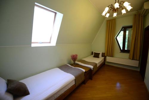 a row of beds in a room with a window at Complex MAYARIV in Makariv