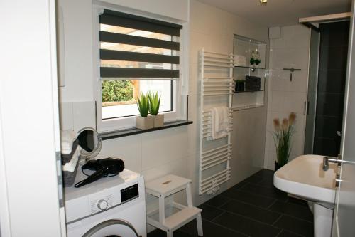 baño con lavabo y aseo y ventana en Ferienhaus Stamer, en Eckernförde