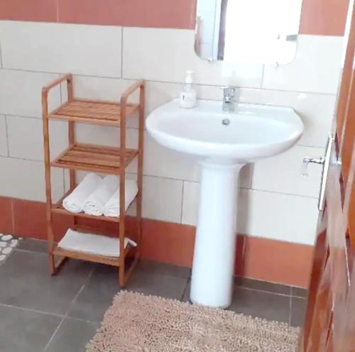 a bathroom with a sink and a towel shelf at Maison charmante à Sainte-Anne in Sainte-Anne