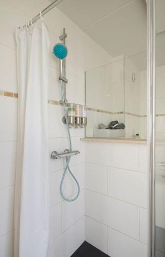 a shower with a blue shower head in a bathroom at Johan's B&B - Since 2014 roofterrace and cheap parking in Amsterdam
