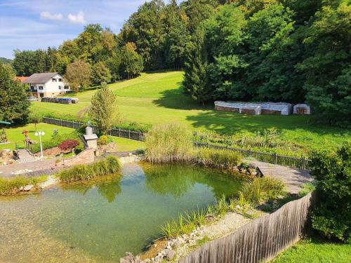 an aerial view of a garden with a pond at Gasthof Zum Wallner in Kalch