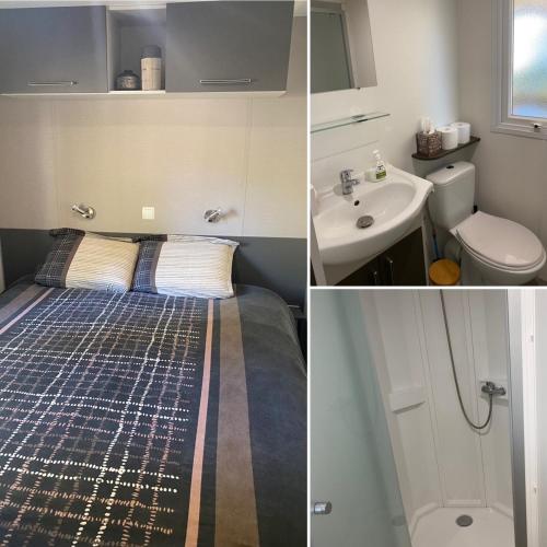 - deux photos d'une salle de bains avec un lit et un lavabo dans l'établissement Mobil-Home - Les Terrasses Vias Plage, à Vias