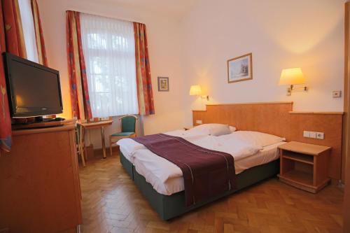 a hotel room with a bed and a flat screen tv at Hotel Restaurant Hambacher WInzer in Neustadt an der Weinstraße