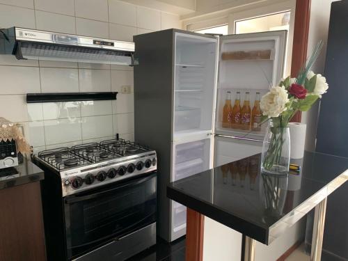 kuchnia z kuchenką i otwartą lodówką w obiekcie Condominio Espacio 1 w mieście La Serena