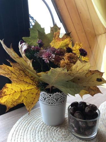 a white vase filled with flowers and autumn leaves at Aleksandra Viesu Namiņš in Aglona