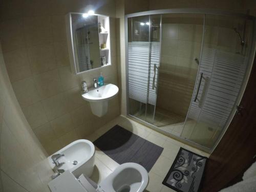 een badkamer met een wastafel, een toilet en een douche bij Rental unit in RAHA village compound, special view in Aqaba
