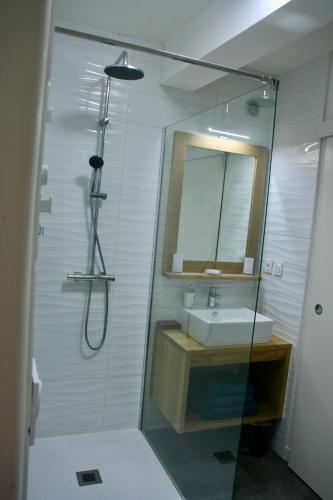 une salle de bain avec une douche, un lavabo et un miroir dans l'établissement Appartement T2 centre historique de Morlaix, à Morlaix